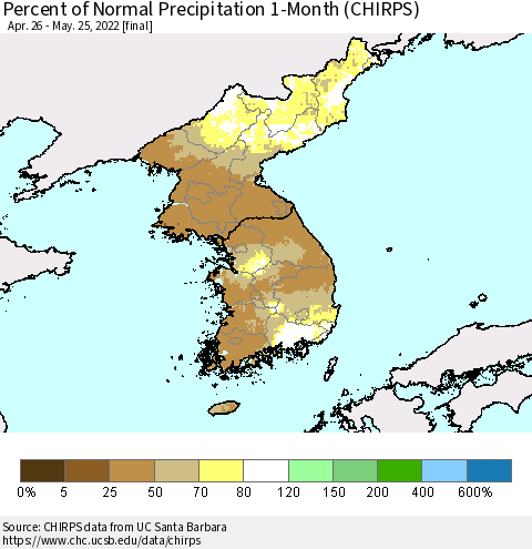Korea Percent of Normal Precipitation 1-Month (CHIRPS) Thematic Map For 4/26/2022 - 5/25/2022