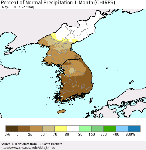 Korea Percent of Normal Precipitation 1-Month (CHIRPS) Thematic Map For 5/1/2022 - 5/31/2022