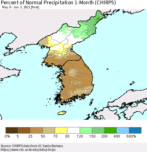 Korea Percent of Normal Precipitation 1-Month (CHIRPS) Thematic Map For 5/6/2022 - 6/5/2022