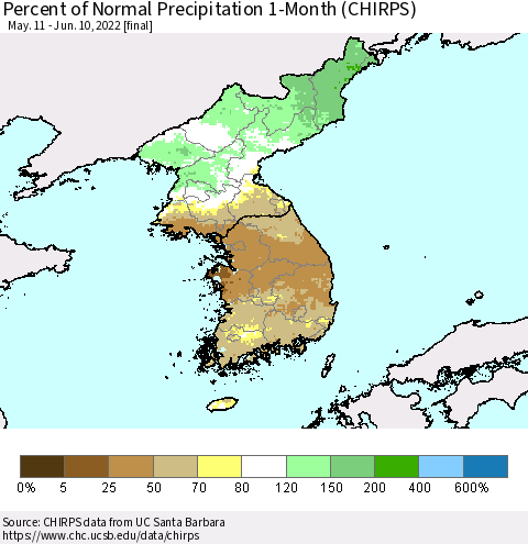 Korea Percent of Normal Precipitation 1-Month (CHIRPS) Thematic Map For 5/11/2022 - 6/10/2022