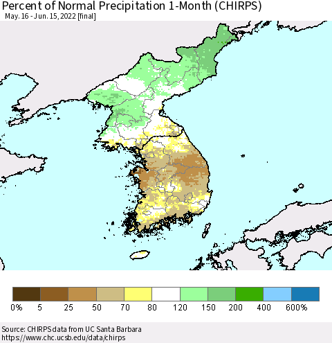 Korea Percent of Normal Precipitation 1-Month (CHIRPS) Thematic Map For 5/16/2022 - 6/15/2022