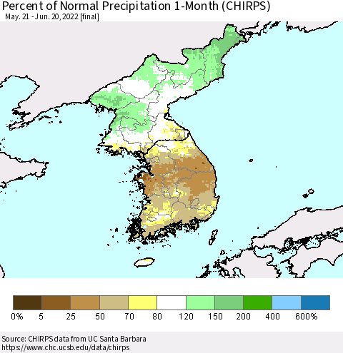 Korea Percent of Normal Precipitation 1-Month (CHIRPS) Thematic Map For 5/21/2022 - 6/20/2022