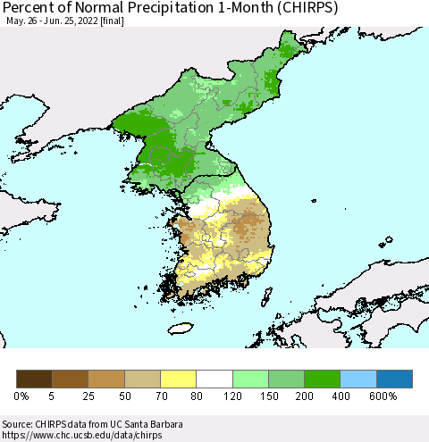 Korea Percent of Normal Precipitation 1-Month (CHIRPS) Thematic Map For 5/26/2022 - 6/25/2022