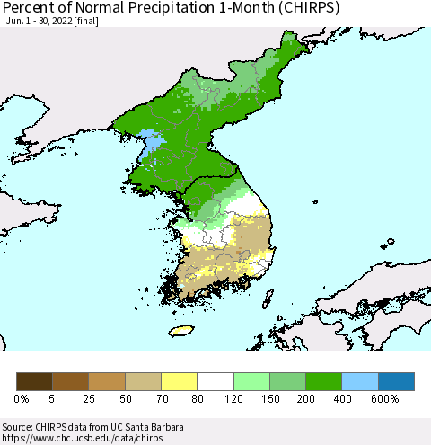Korea Percent of Normal Precipitation 1-Month (CHIRPS) Thematic Map For 6/1/2022 - 6/30/2022