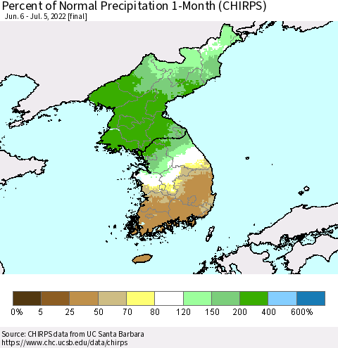 Korea Percent of Normal Precipitation 1-Month (CHIRPS) Thematic Map For 6/6/2022 - 7/5/2022