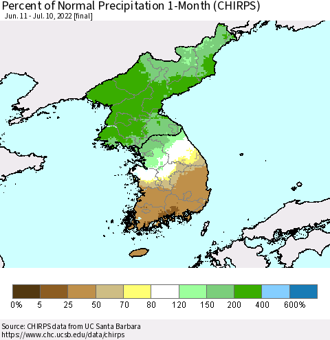Korea Percent of Normal Precipitation 1-Month (CHIRPS) Thematic Map For 6/11/2022 - 7/10/2022