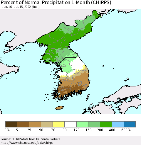 Korea Percent of Normal Precipitation 1-Month (CHIRPS) Thematic Map For 6/16/2022 - 7/15/2022