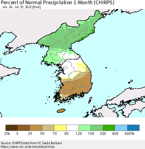 Korea Percent of Normal Precipitation 1-Month (CHIRPS) Thematic Map For 6/26/2022 - 7/25/2022