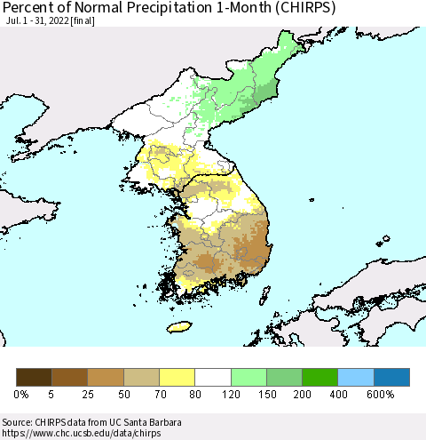 Korea Percent of Normal Precipitation 1-Month (CHIRPS) Thematic Map For 7/1/2022 - 7/31/2022