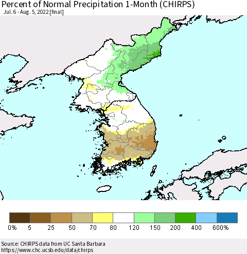 Korea Percent of Normal Precipitation 1-Month (CHIRPS) Thematic Map For 7/6/2022 - 8/5/2022