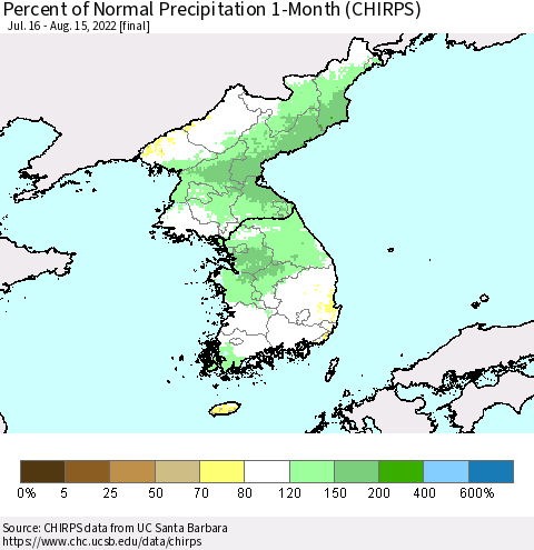 Korea Percent of Normal Precipitation 1-Month (CHIRPS) Thematic Map For 7/16/2022 - 8/15/2022