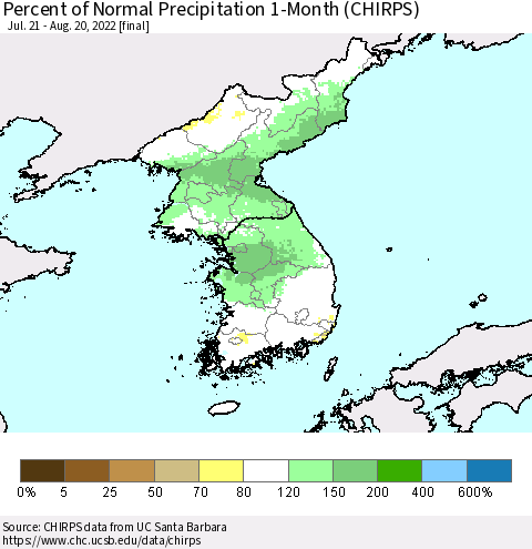 Korea Percent of Normal Precipitation 1-Month (CHIRPS) Thematic Map For 7/21/2022 - 8/20/2022