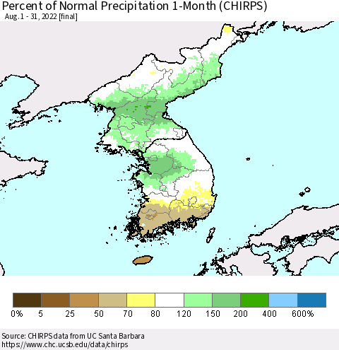 Korea Percent of Normal Precipitation 1-Month (CHIRPS) Thematic Map For 8/1/2022 - 8/31/2022