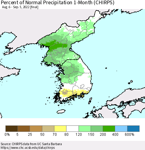 Korea Percent of Normal Precipitation 1-Month (CHIRPS) Thematic Map For 8/6/2022 - 9/5/2022
