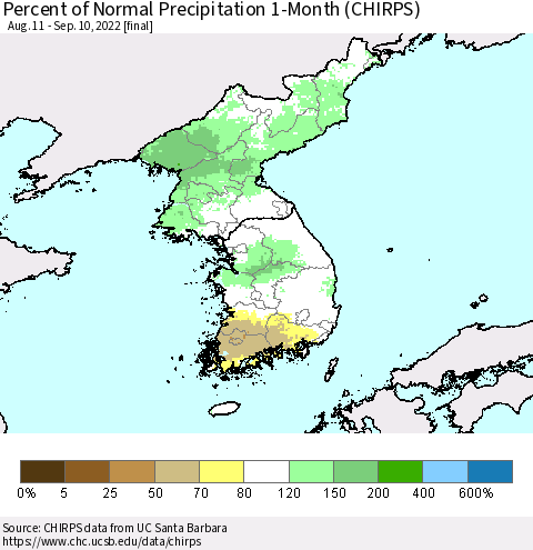 Korea Percent of Normal Precipitation 1-Month (CHIRPS) Thematic Map For 8/11/2022 - 9/10/2022