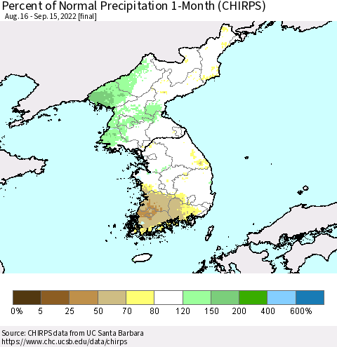 Korea Percent of Normal Precipitation 1-Month (CHIRPS) Thematic Map For 8/16/2022 - 9/15/2022