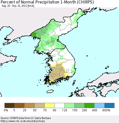Korea Percent of Normal Precipitation 1-Month (CHIRPS) Thematic Map For 8/26/2022 - 9/25/2022