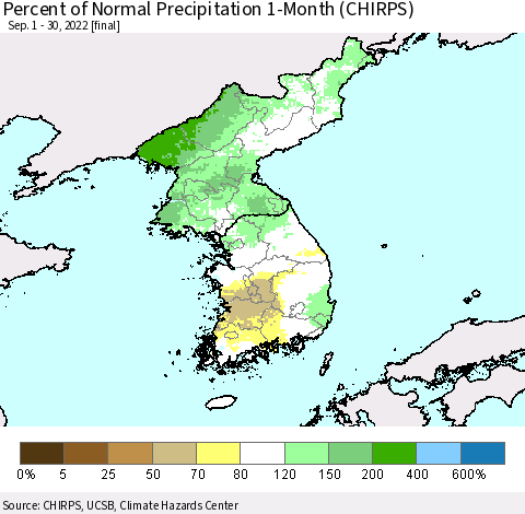 Korea Percent of Normal Precipitation 1-Month (CHIRPS) Thematic Map For 9/1/2022 - 9/30/2022