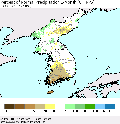 Korea Percent of Normal Precipitation 1-Month (CHIRPS) Thematic Map For 9/6/2022 - 10/5/2022