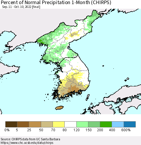 Korea Percent of Normal Precipitation 1-Month (CHIRPS) Thematic Map For 9/11/2022 - 10/10/2022