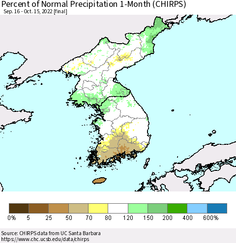 Korea Percent of Normal Precipitation 1-Month (CHIRPS) Thematic Map For 9/16/2022 - 10/15/2022