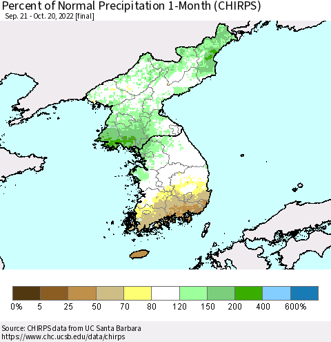 Korea Percent of Normal Precipitation 1-Month (CHIRPS) Thematic Map For 9/21/2022 - 10/20/2022