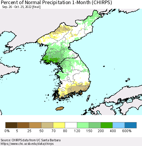 Korea Percent of Normal Precipitation 1-Month (CHIRPS) Thematic Map For 9/26/2022 - 10/25/2022