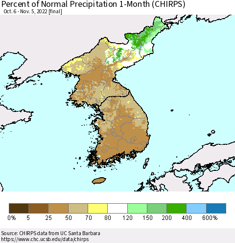 Korea Percent of Normal Precipitation 1-Month (CHIRPS) Thematic Map For 10/6/2022 - 11/5/2022