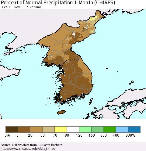 Korea Percent of Normal Precipitation 1-Month (CHIRPS) Thematic Map For 10/11/2022 - 11/10/2022