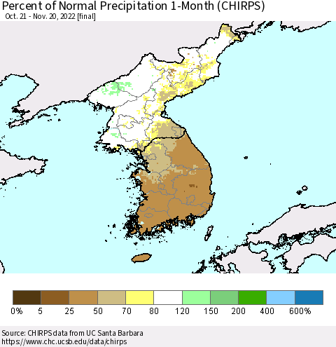 Korea Percent of Normal Precipitation 1-Month (CHIRPS) Thematic Map For 10/21/2022 - 11/20/2022