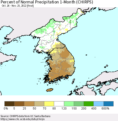 Korea Percent of Normal Precipitation 1-Month (CHIRPS) Thematic Map For 10/26/2022 - 11/25/2022