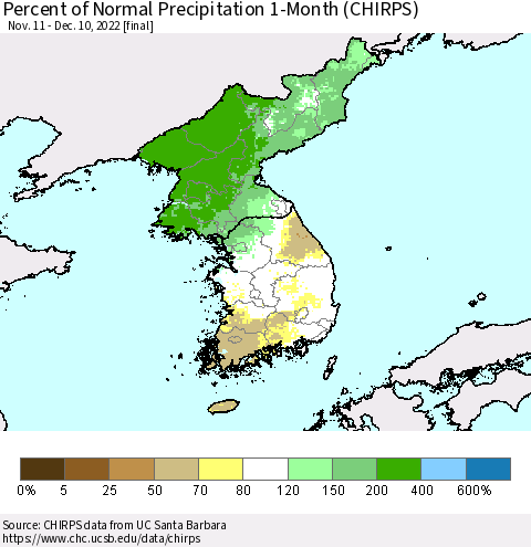 Korea Percent of Normal Precipitation 1-Month (CHIRPS) Thematic Map For 11/11/2022 - 12/10/2022