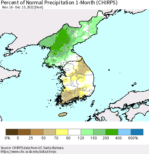 Korea Percent of Normal Precipitation 1-Month (CHIRPS) Thematic Map For 11/16/2022 - 12/15/2022