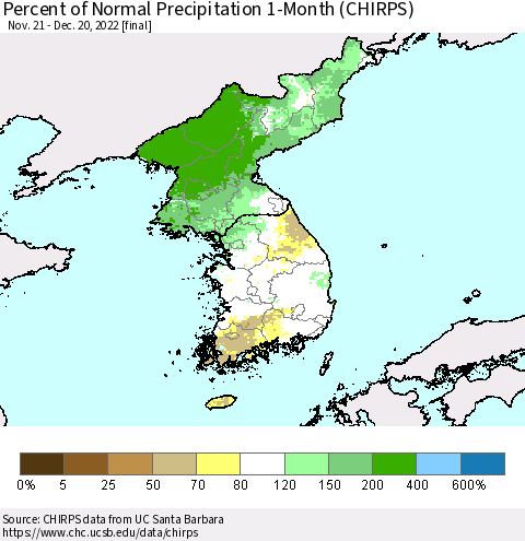 Korea Percent of Normal Precipitation 1-Month (CHIRPS) Thematic Map For 11/21/2022 - 12/20/2022