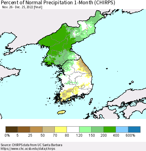 Korea Percent of Normal Precipitation 1-Month (CHIRPS) Thematic Map For 11/26/2022 - 12/25/2022