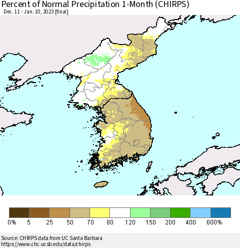 Korea Percent of Normal Precipitation 1-Month (CHIRPS) Thematic Map For 12/11/2022 - 1/10/2023