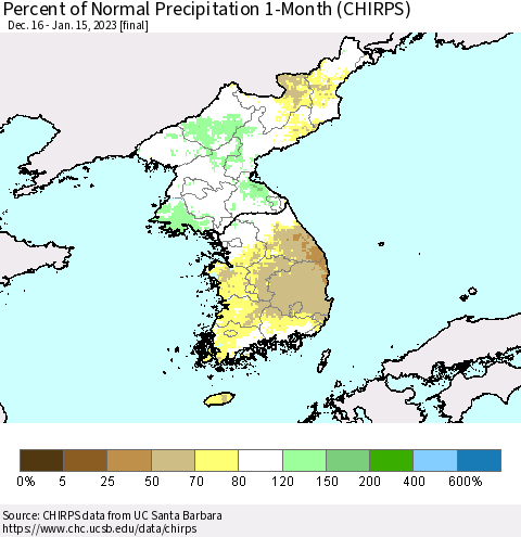 Korea Percent of Normal Precipitation 1-Month (CHIRPS) Thematic Map For 12/16/2022 - 1/15/2023