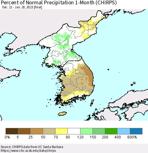 Korea Percent of Normal Precipitation 1-Month (CHIRPS) Thematic Map For 12/21/2022 - 1/20/2023