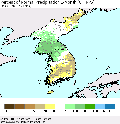 Korea Percent of Normal Precipitation 1-Month (CHIRPS) Thematic Map For 1/6/2023 - 2/5/2023