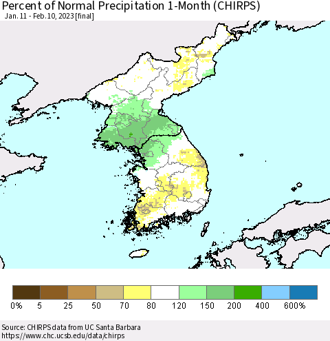 Korea Percent of Normal Precipitation 1-Month (CHIRPS) Thematic Map For 1/11/2023 - 2/10/2023