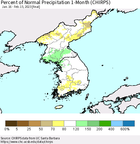 Korea Percent of Normal Precipitation 1-Month (CHIRPS) Thematic Map For 1/16/2023 - 2/15/2023