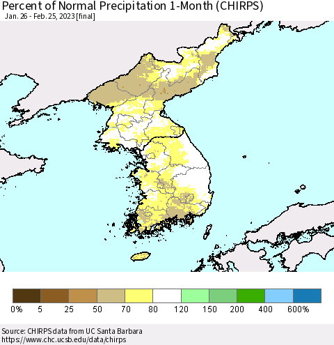 Korea Percent of Normal Precipitation 1-Month (CHIRPS) Thematic Map For 1/26/2023 - 2/25/2023