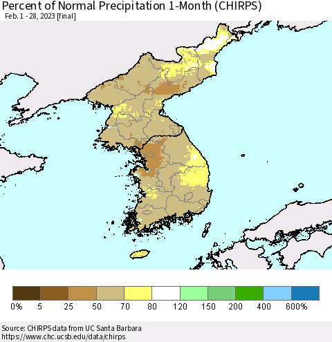 Korea Percent of Normal Precipitation 1-Month (CHIRPS) Thematic Map For 2/1/2023 - 2/28/2023