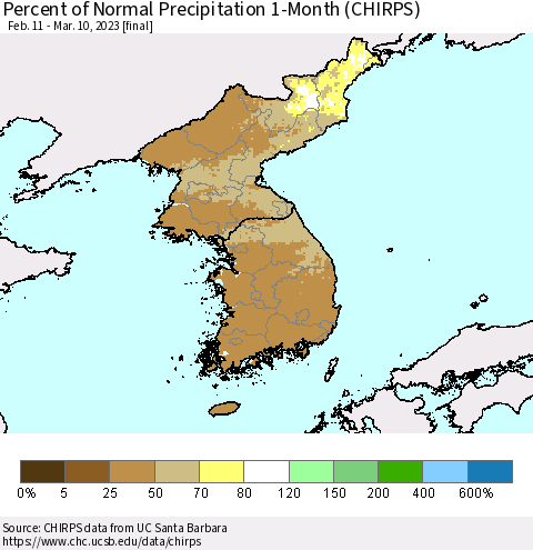 Korea Percent of Normal Precipitation 1-Month (CHIRPS) Thematic Map For 2/11/2023 - 3/10/2023