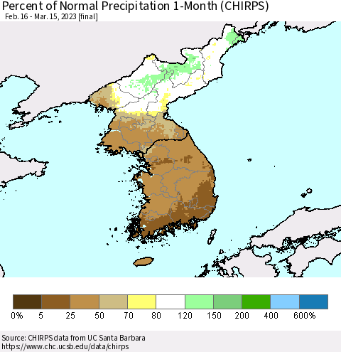 Korea Percent of Normal Precipitation 1-Month (CHIRPS) Thematic Map For 2/16/2023 - 3/15/2023
