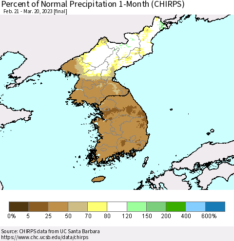 Korea Percent of Normal Precipitation 1-Month (CHIRPS) Thematic Map For 2/21/2023 - 3/20/2023
