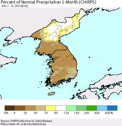 Korea Percent of Normal Precipitation 1-Month (CHIRPS) Thematic Map For 3/1/2023 - 3/31/2023
