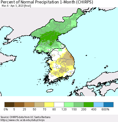 Korea Percent of Normal Precipitation 1-Month (CHIRPS) Thematic Map For 3/6/2023 - 4/5/2023