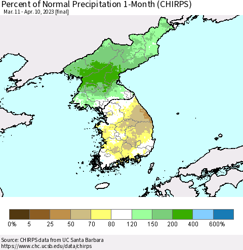 Korea Percent of Normal Precipitation 1-Month (CHIRPS) Thematic Map For 3/11/2023 - 4/10/2023