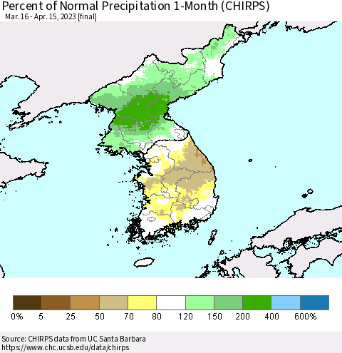 Korea Percent of Normal Precipitation 1-Month (CHIRPS) Thematic Map For 3/16/2023 - 4/15/2023